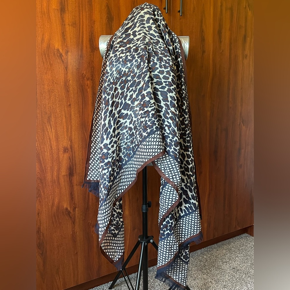 Tory Burch Navy and Brown Leopard Print Scarf - Picture 2 of 2